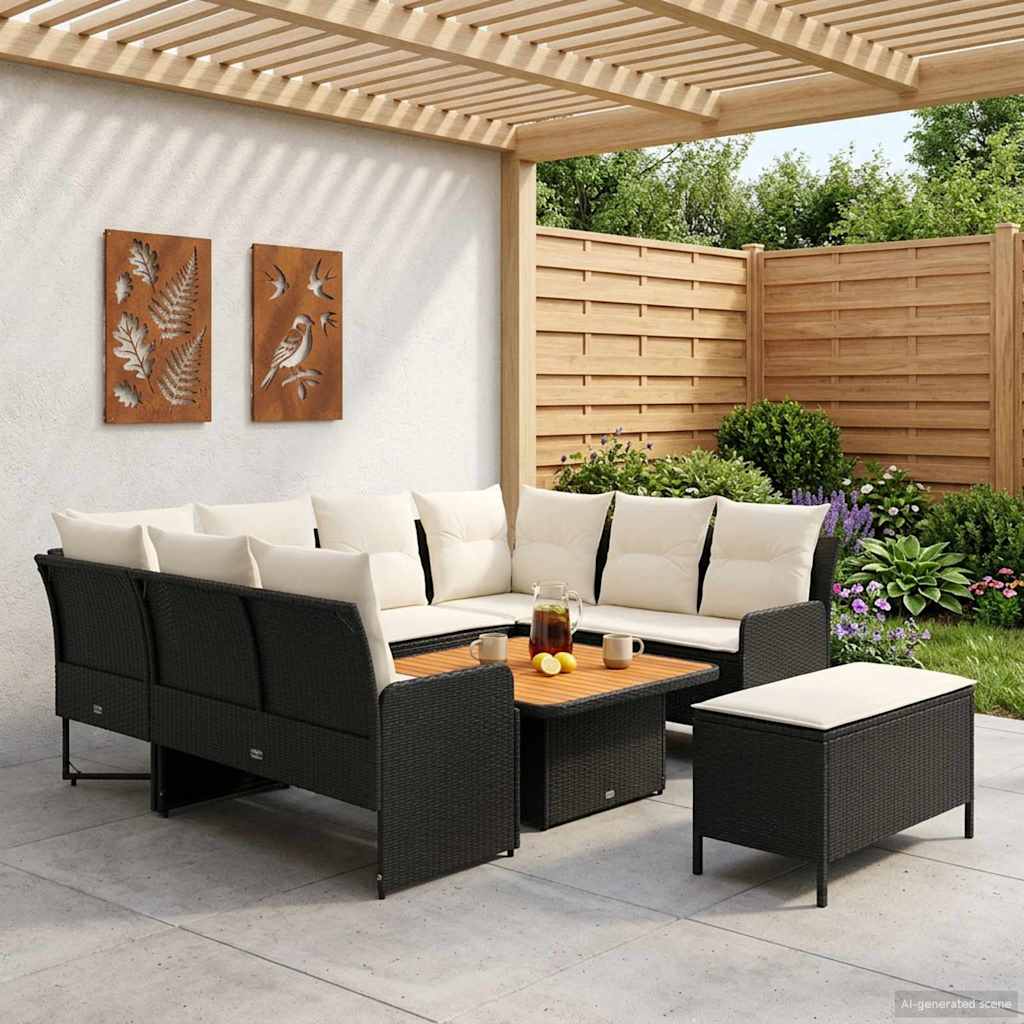 Möbelsets mit Kissen 7 pcs Schwarz und Creme PE-Rattan