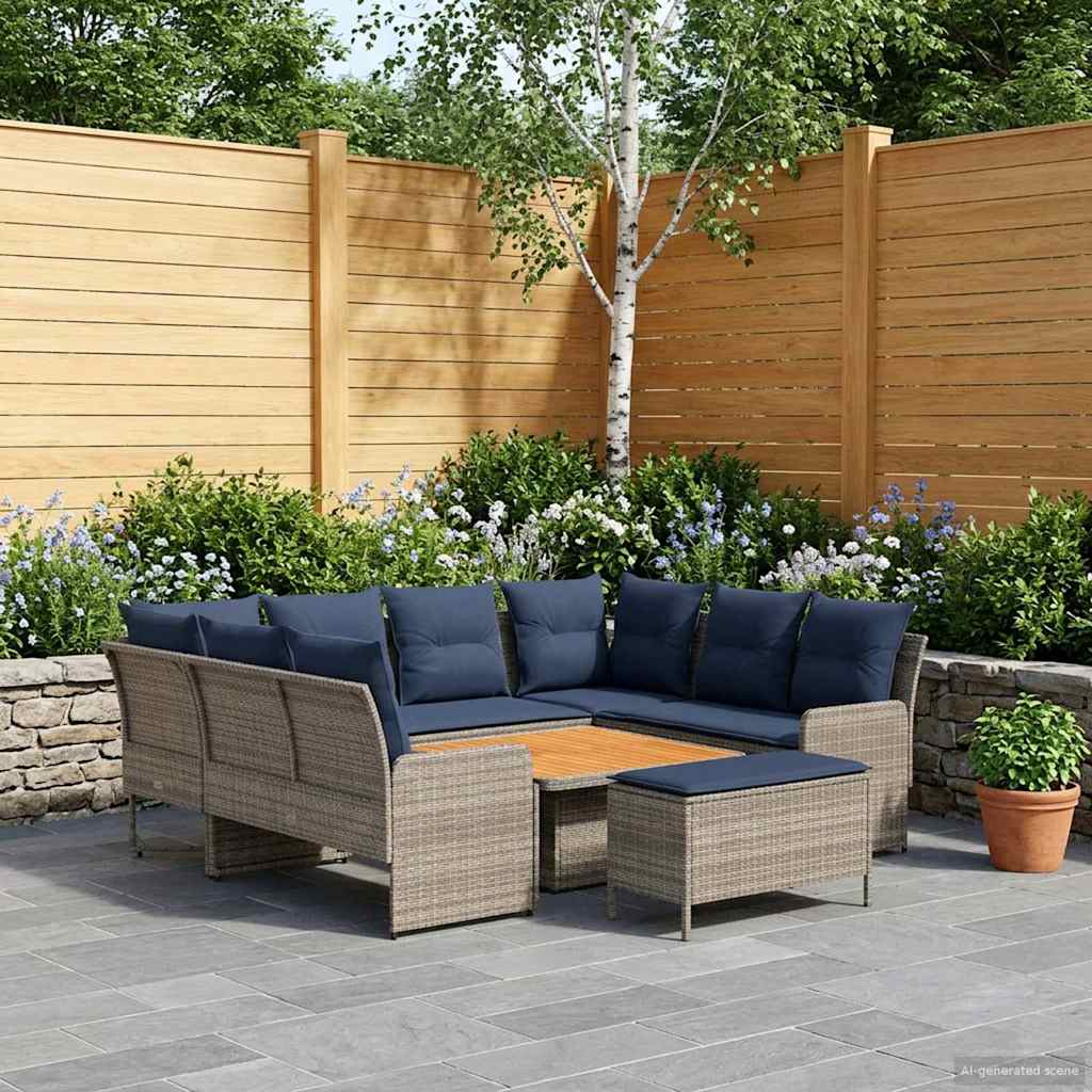 Möbelsets mit Kissen 7 pcs Grau und Marineblau PE-Rattan