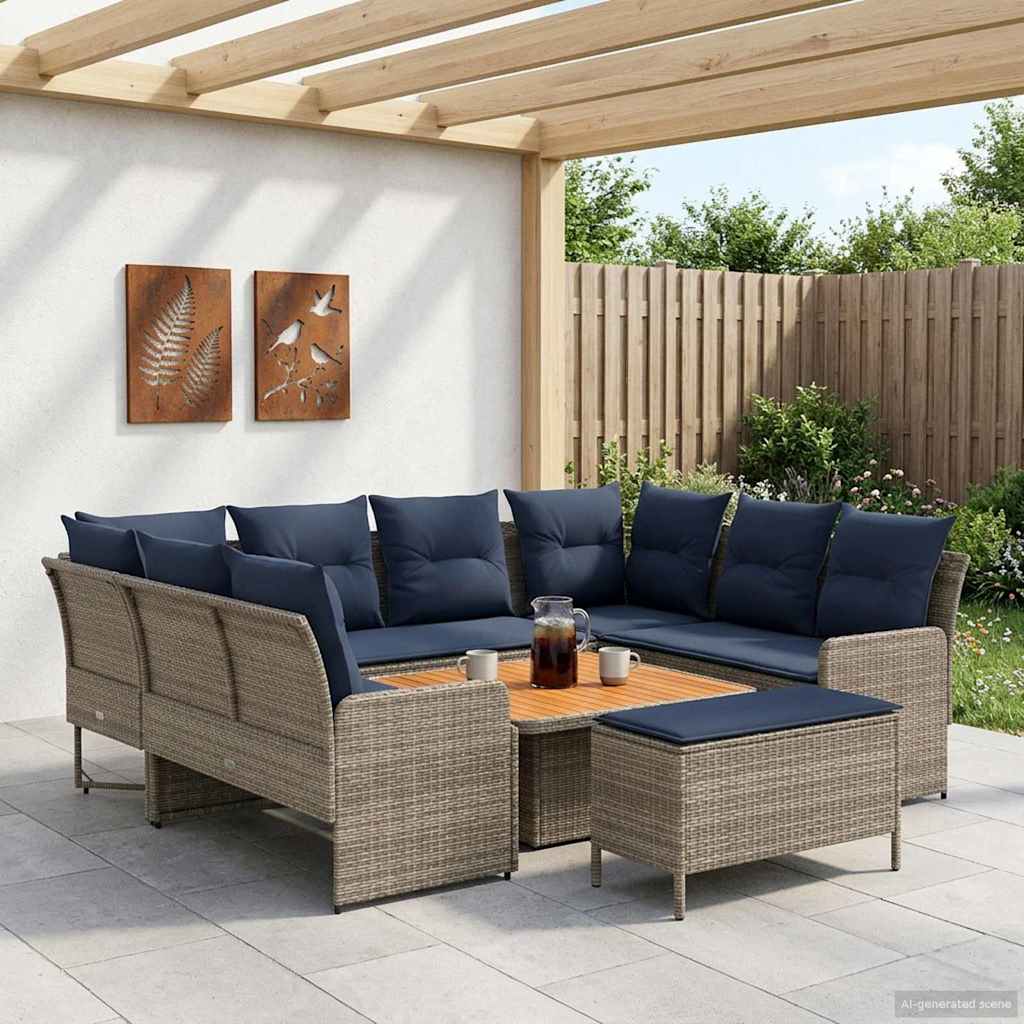 Möbelsets mit Kissen 7 pcs Grau und Marineblau PE-Rattan