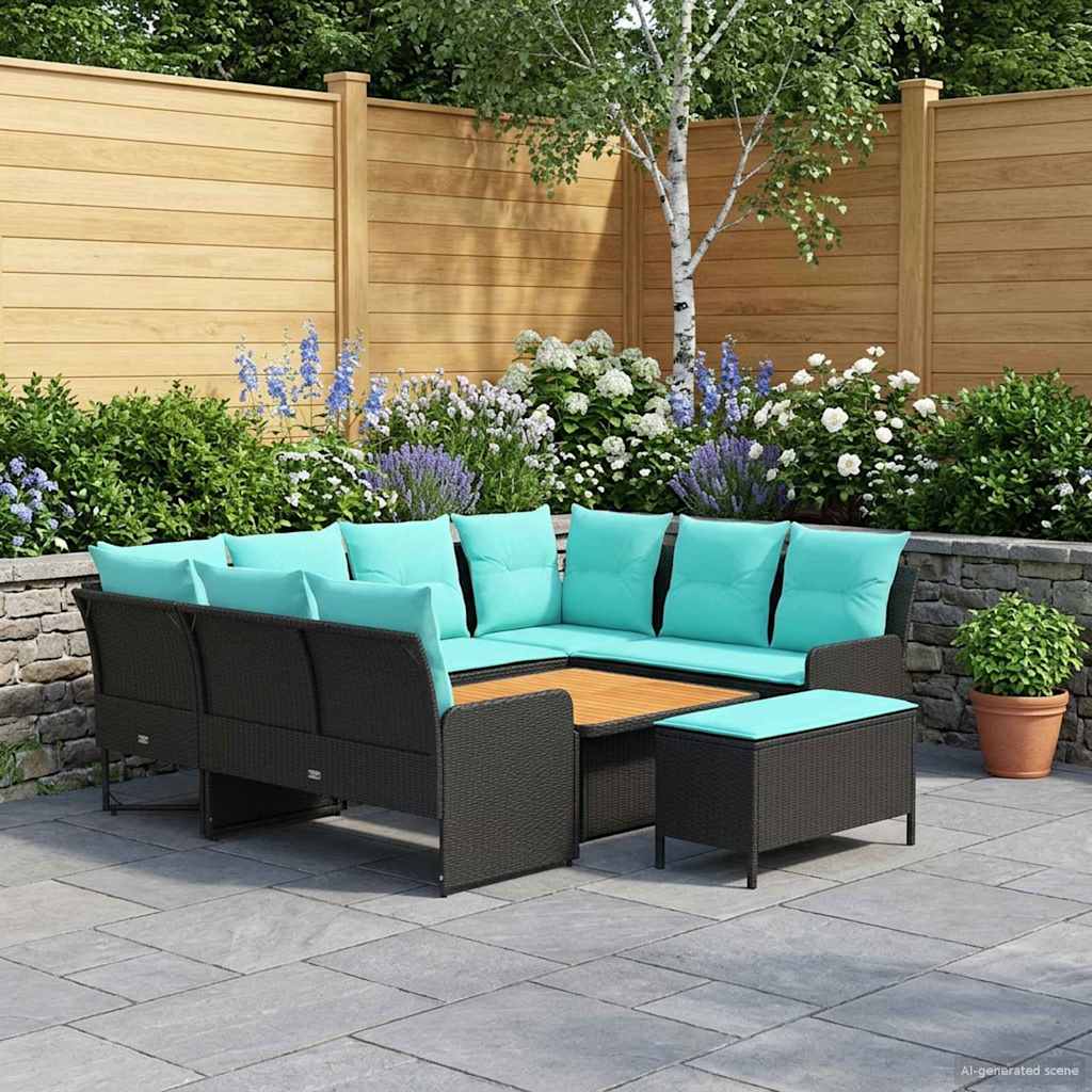 Möbelsets mit Kissen 7 pcs Schwarz und Türkis PE-Rattan