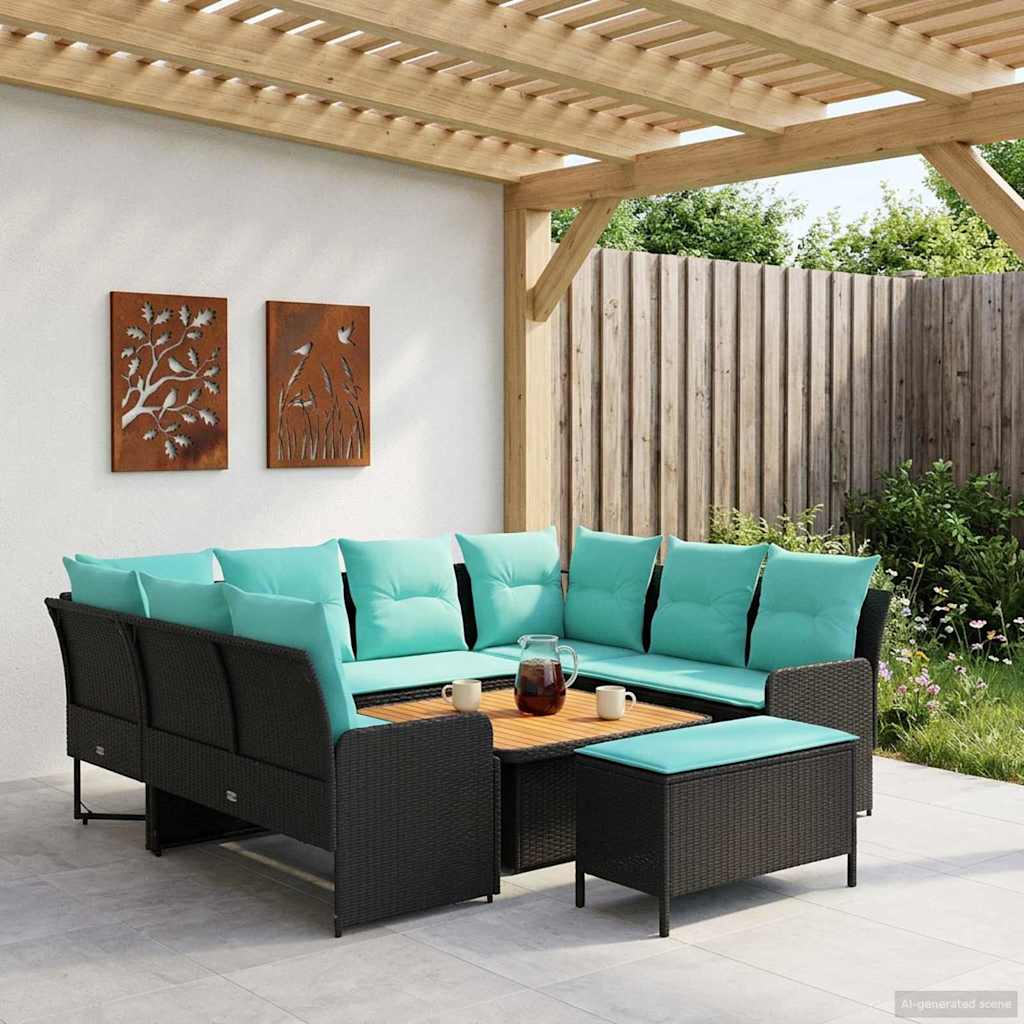 Möbelsets mit Kissen 7 pcs Schwarz und Türkis PE-Rattan