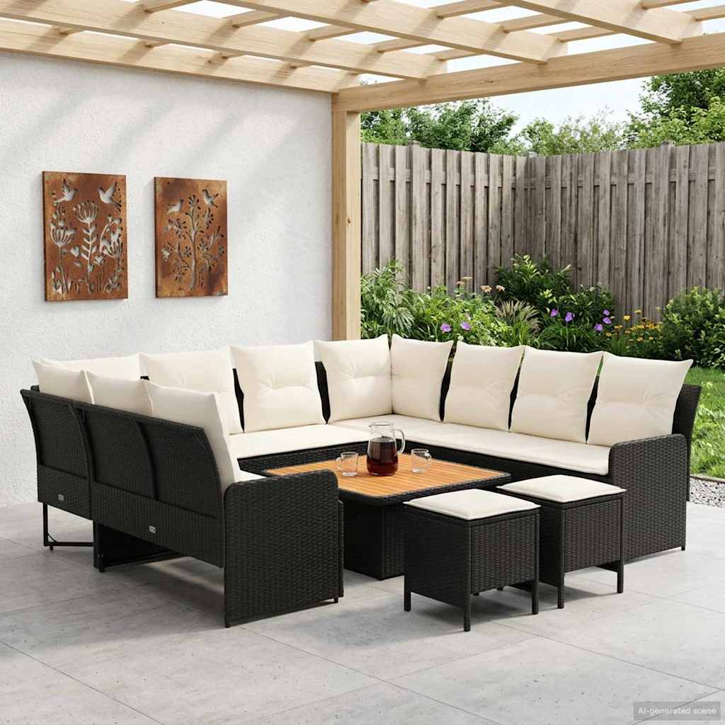Möbelsets mit Kissen 8 pcs Schwarz und Creme PE-Rattan