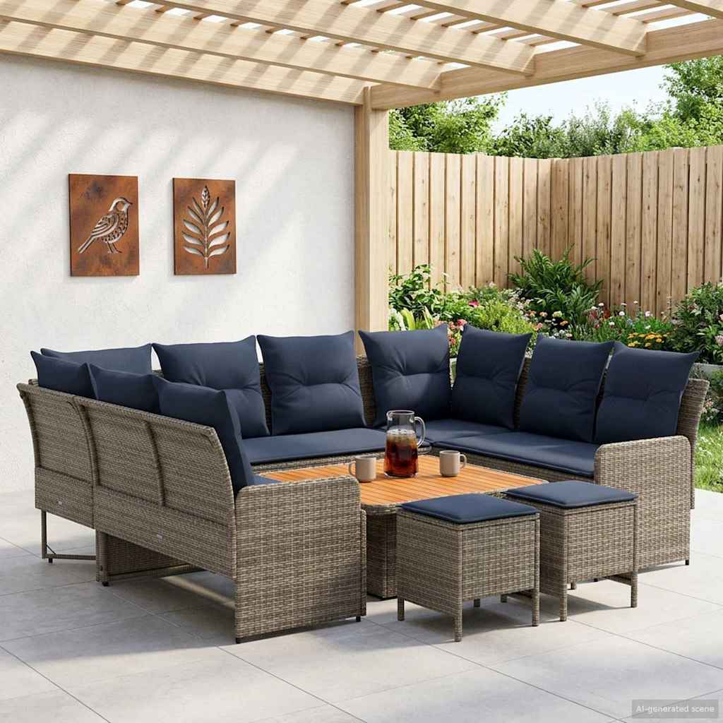 Möbelsets mit Kissen 8 pcs Grau und Marineblau PE-Rattan
