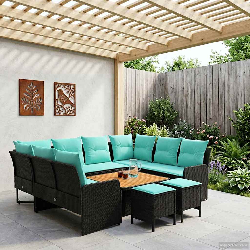 Möbelsets mit Kissen 8 pcs Schwarz und Türkis PE-Rattan