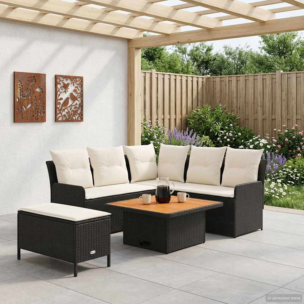 Möbelsets mit Kissen 5 pcs Schwarz und Creme PE-Rattan