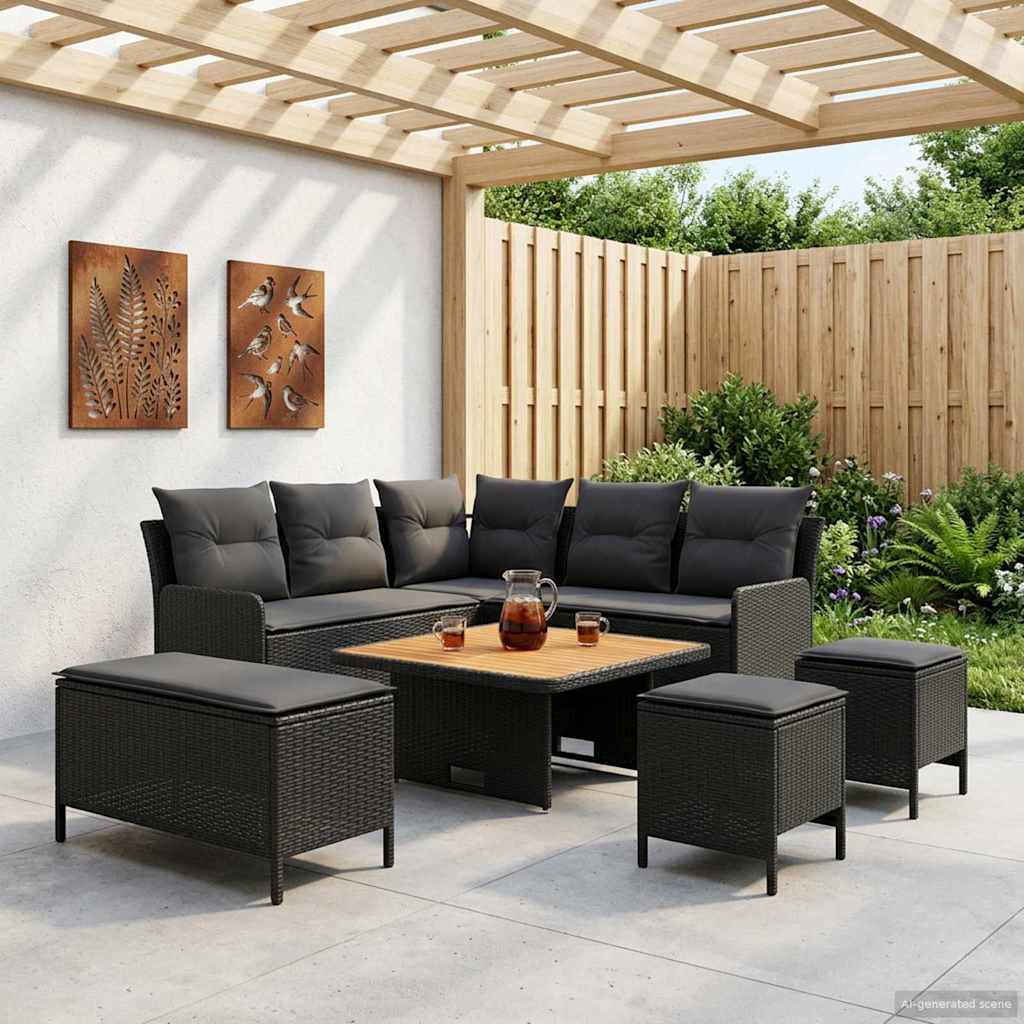 Möbelsets mit Kissen 7 pcs Schwarz PE-Rattan