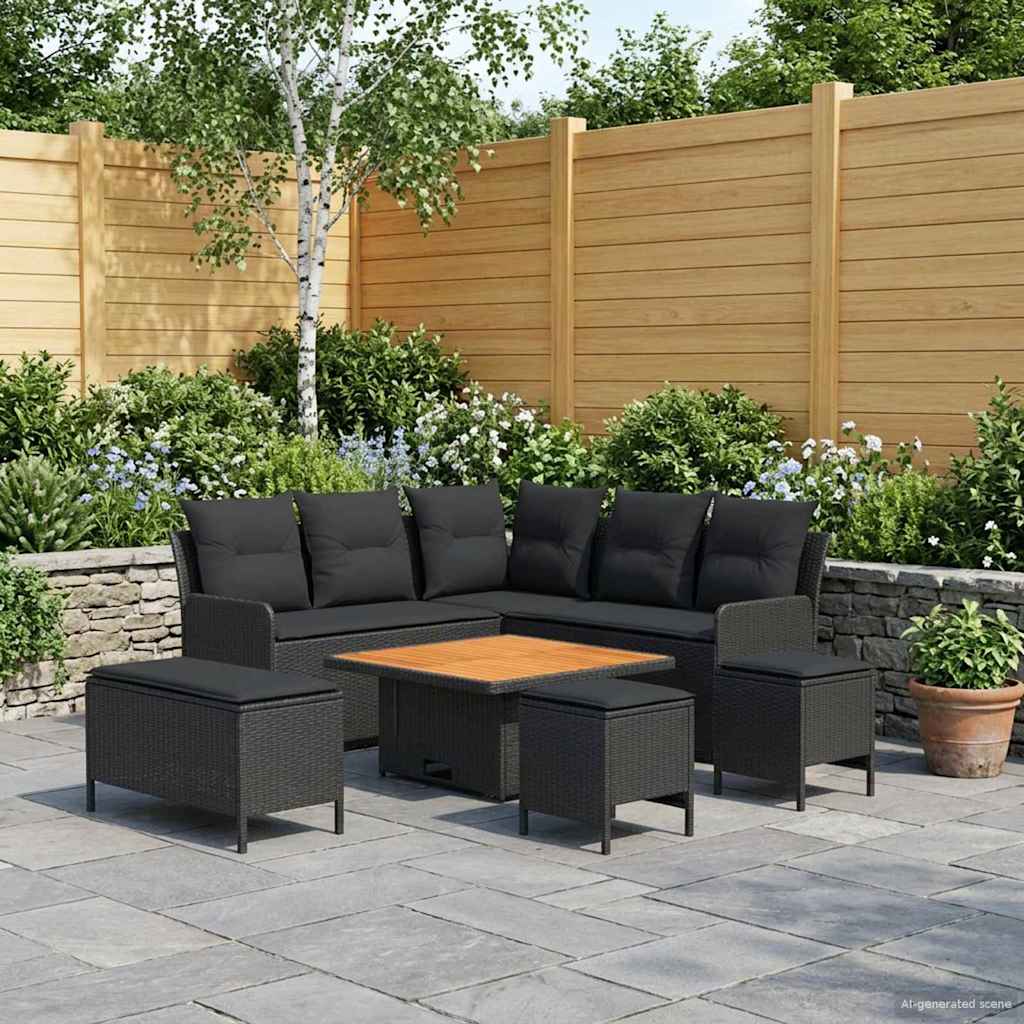 Möbelsets mit Kissen 7 pcs Schwarz PE-Rattan
