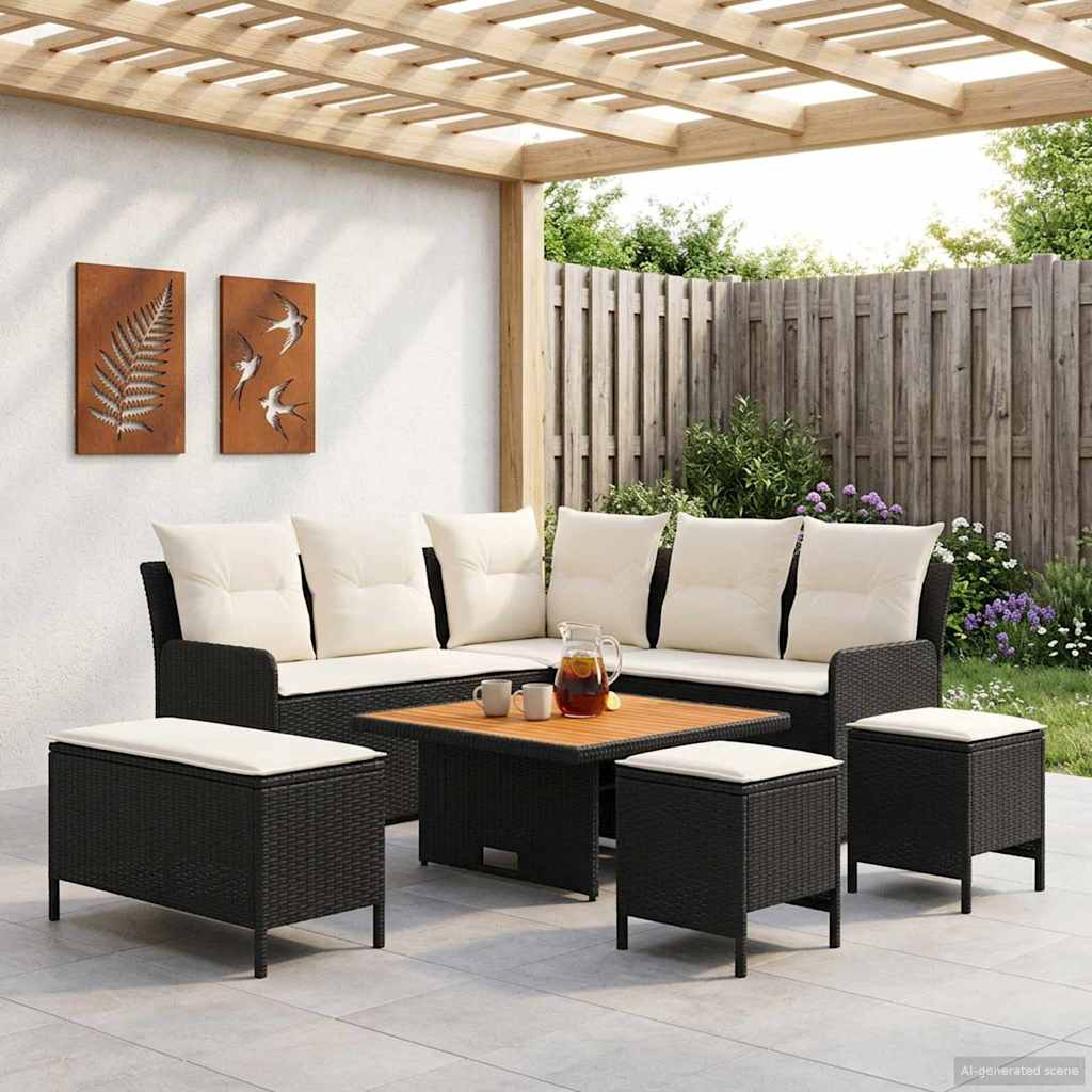 Möbelsets mit Kissen 7 pcs Schwarz und Creme PE-Rattan