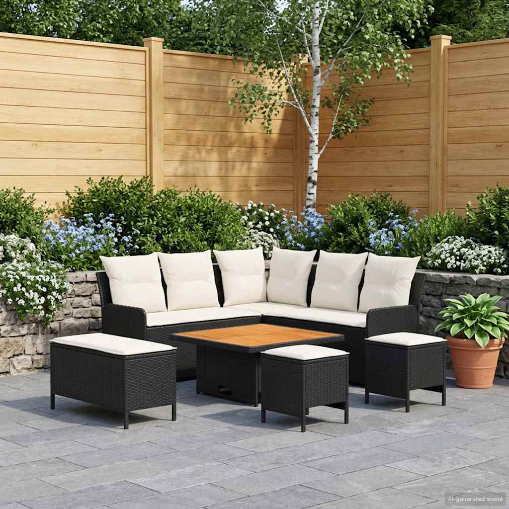 Möbelsets mit Kissen 7 pcs Schwarz und Creme PE-Rattan