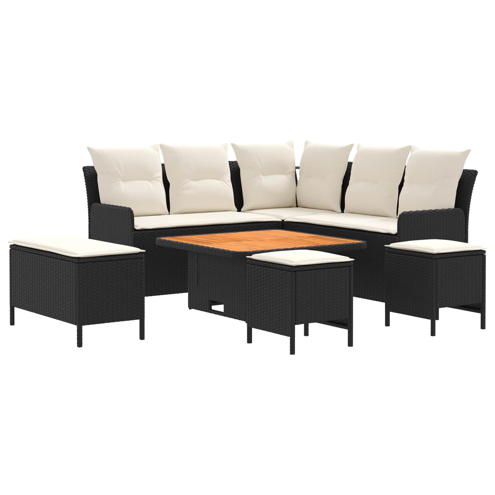 Möbelsets mit Kissen 7 pcs Schwarz und Creme PE-Rattan