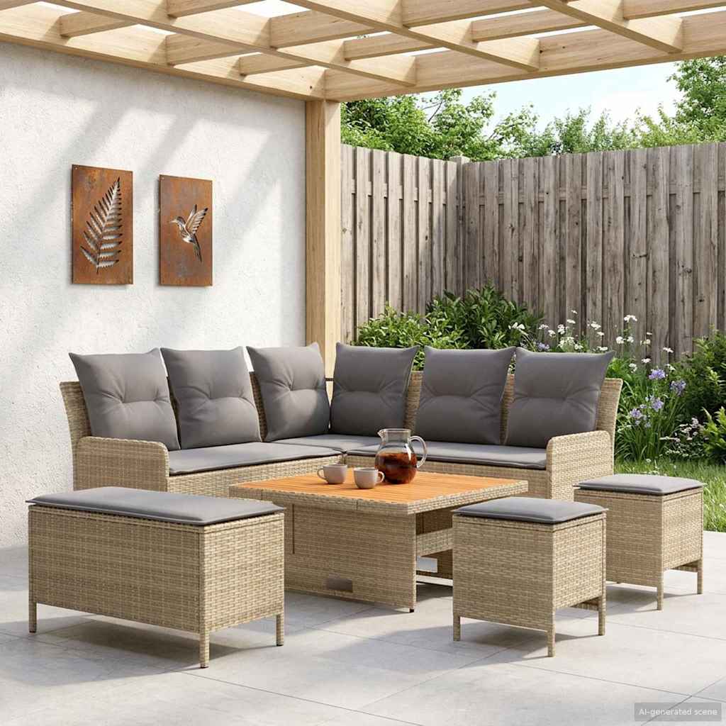 Möbelsets mit Kissen 7 pcs Beige und Hellgrau PE-Rattan