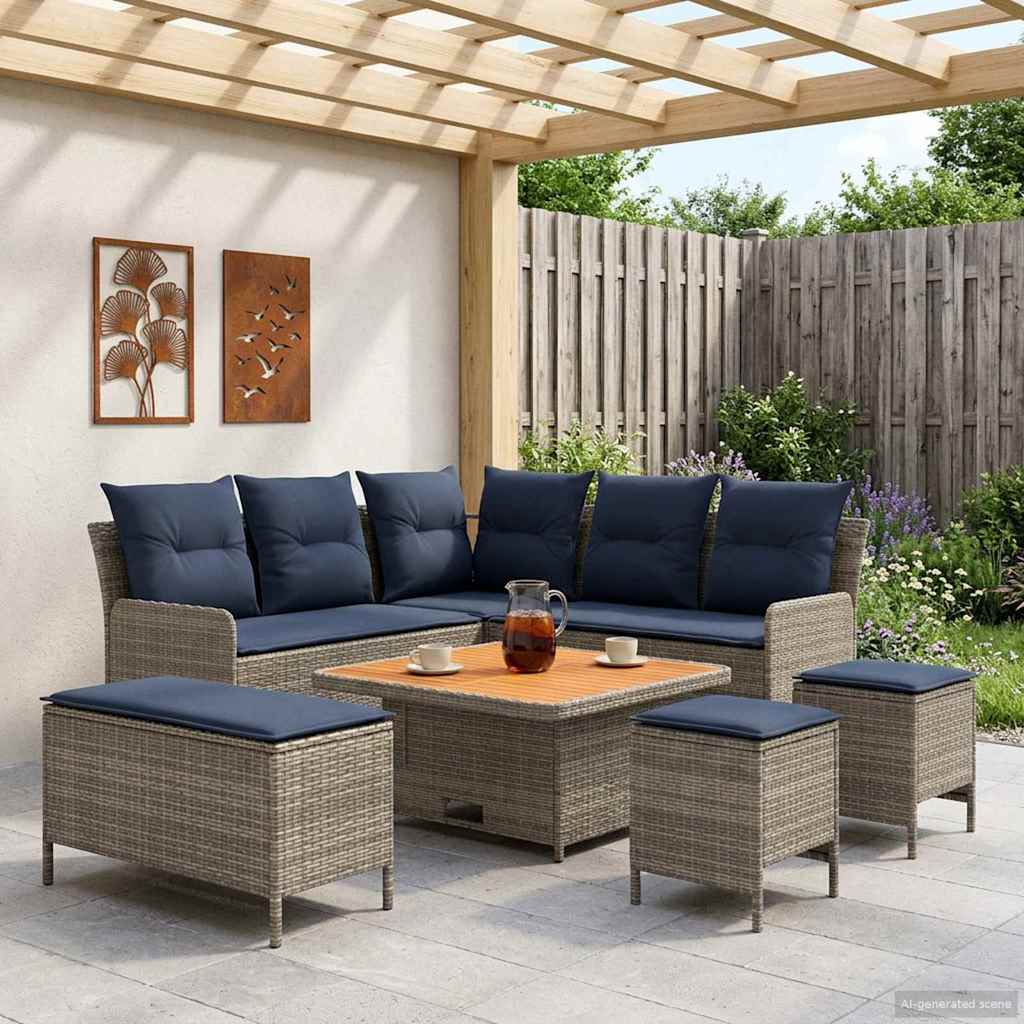 Möbelsets mit Kissen 7 pcs Grau und Marineblau PE-Rattan