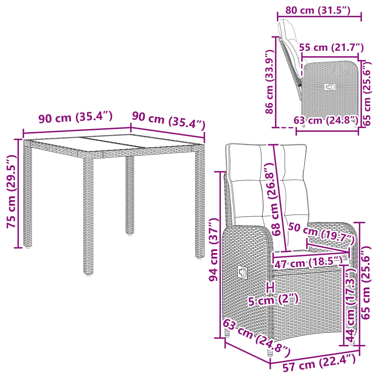 Outdoortisch-Set 5 pcs Braun und Creme Weiß 90 x 90 x 75 cm