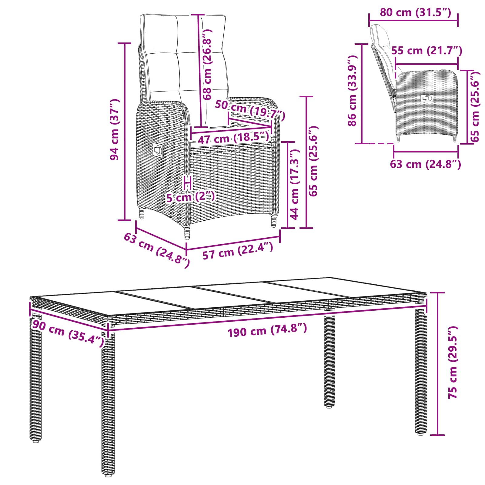 Outdoortisch-Set 9 pcs Braun und Creme Weiß 190 x 90 x 75 cm