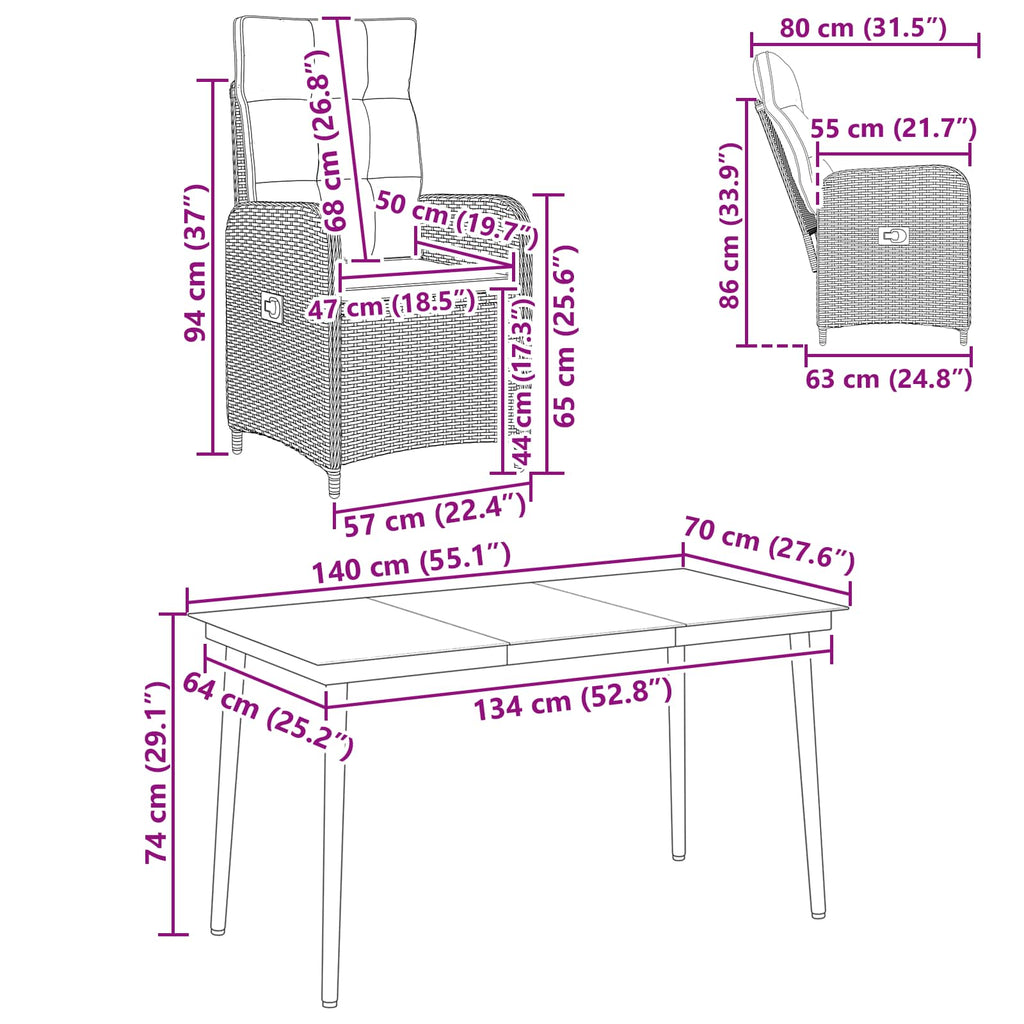 Sofa-Tischset 5 pcs PE Rattan und pulverbeschichteter Stahl