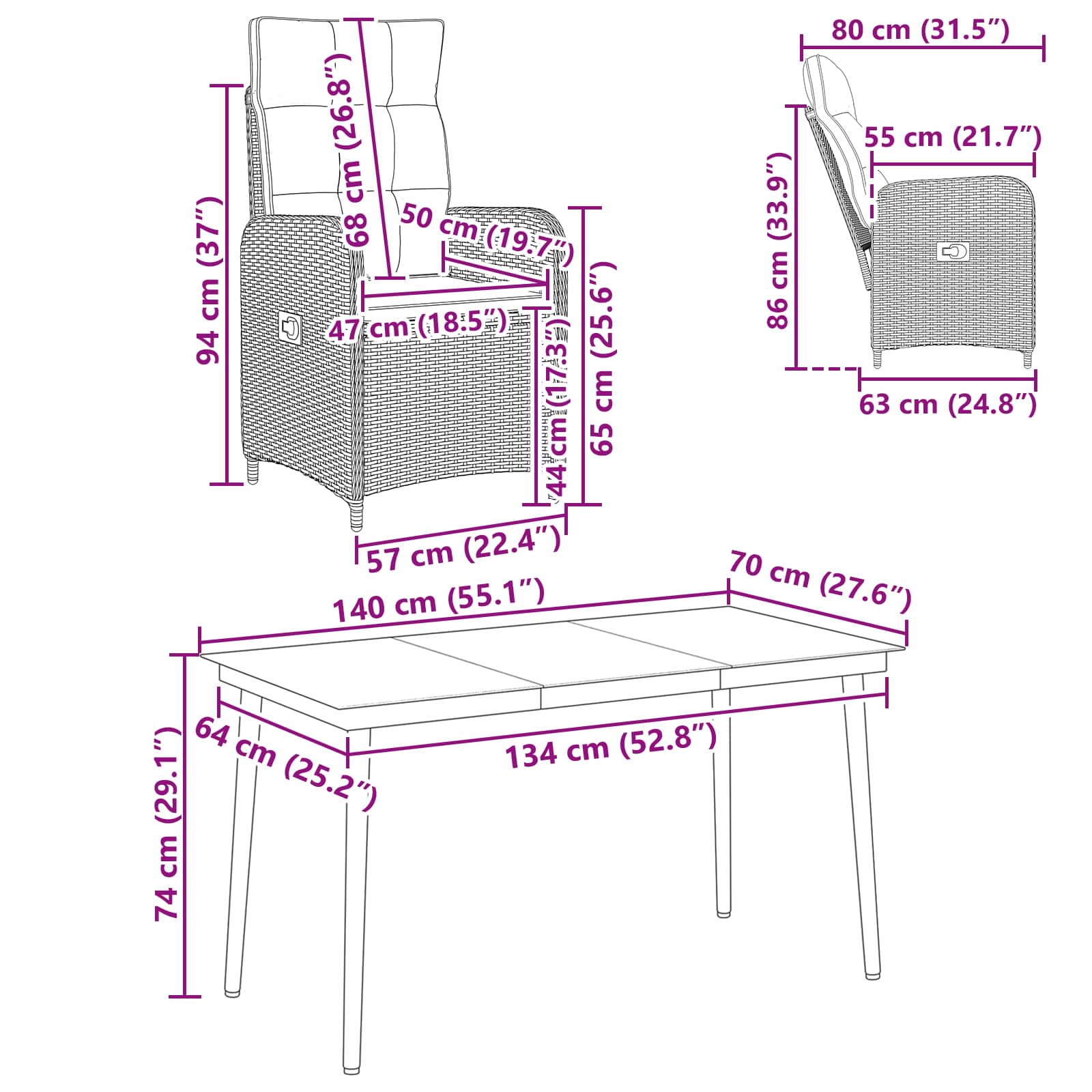 Sofa-Tischset 5 pcs PE Rattan und pulverbeschichteter Stahl