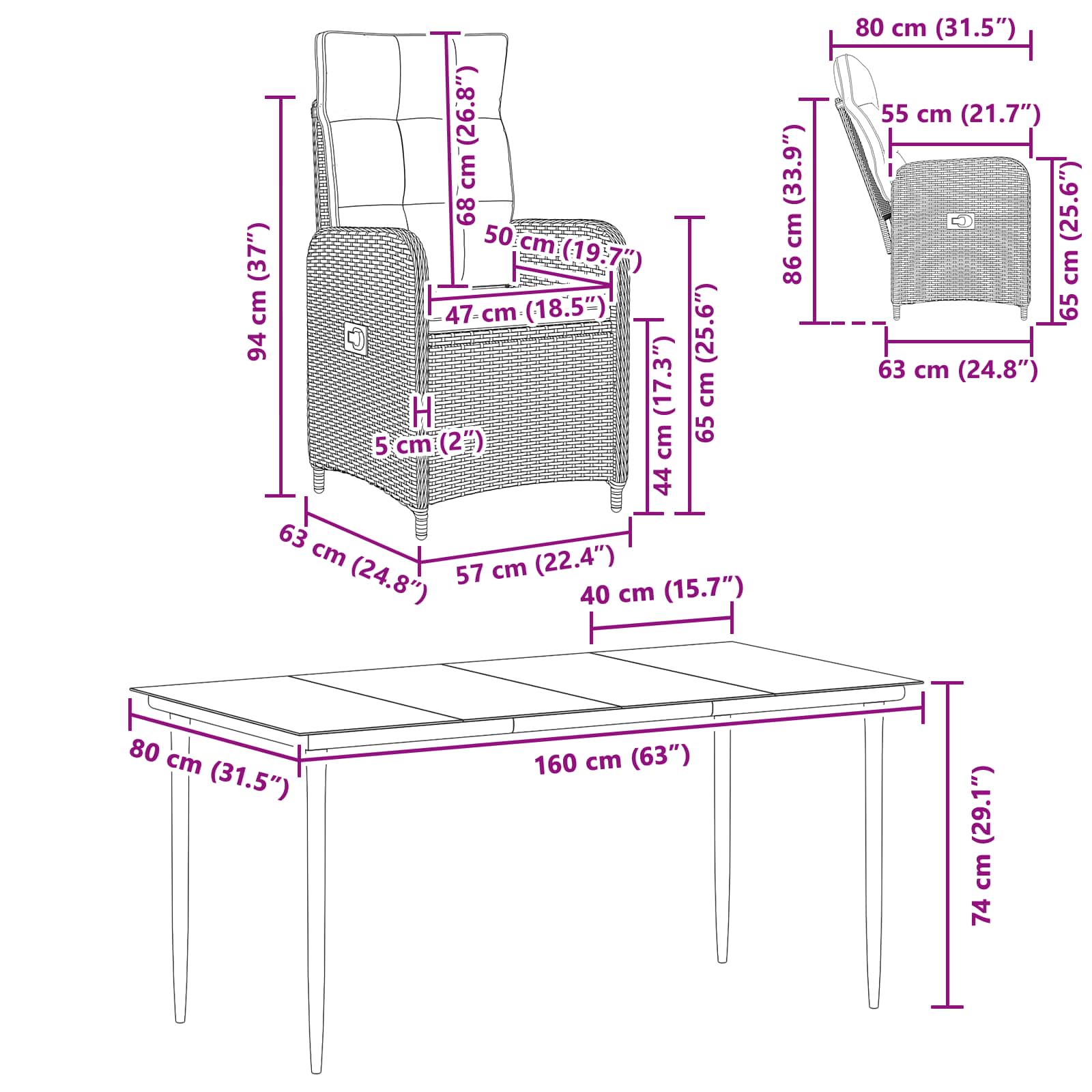 Sofa-Tischset 5 pcs PE Rattan und pulverbeschichteter Stahl