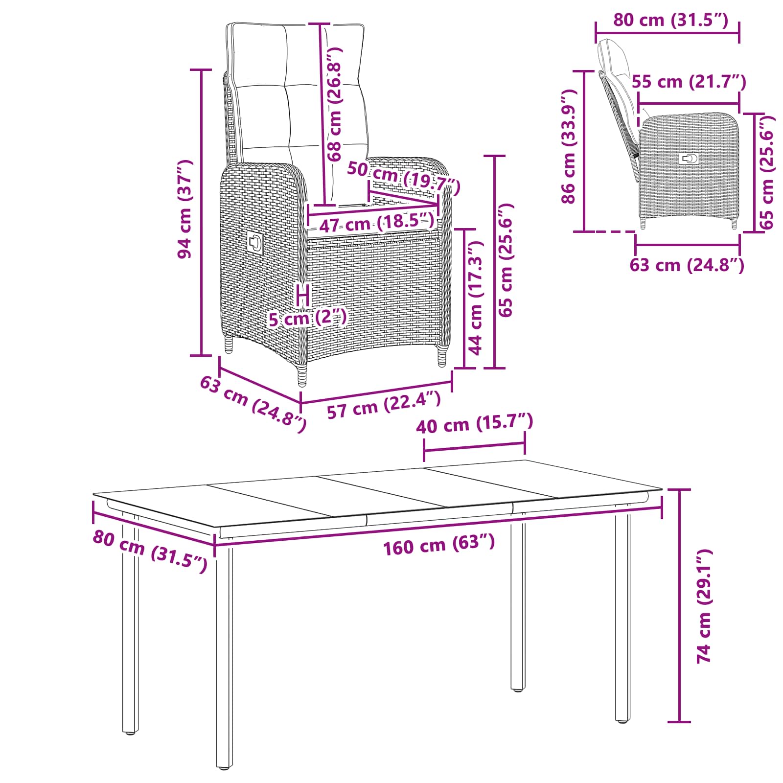 Sofa-Tischset 7 pcs PE Rattan und pulverbeschichteter Stahl