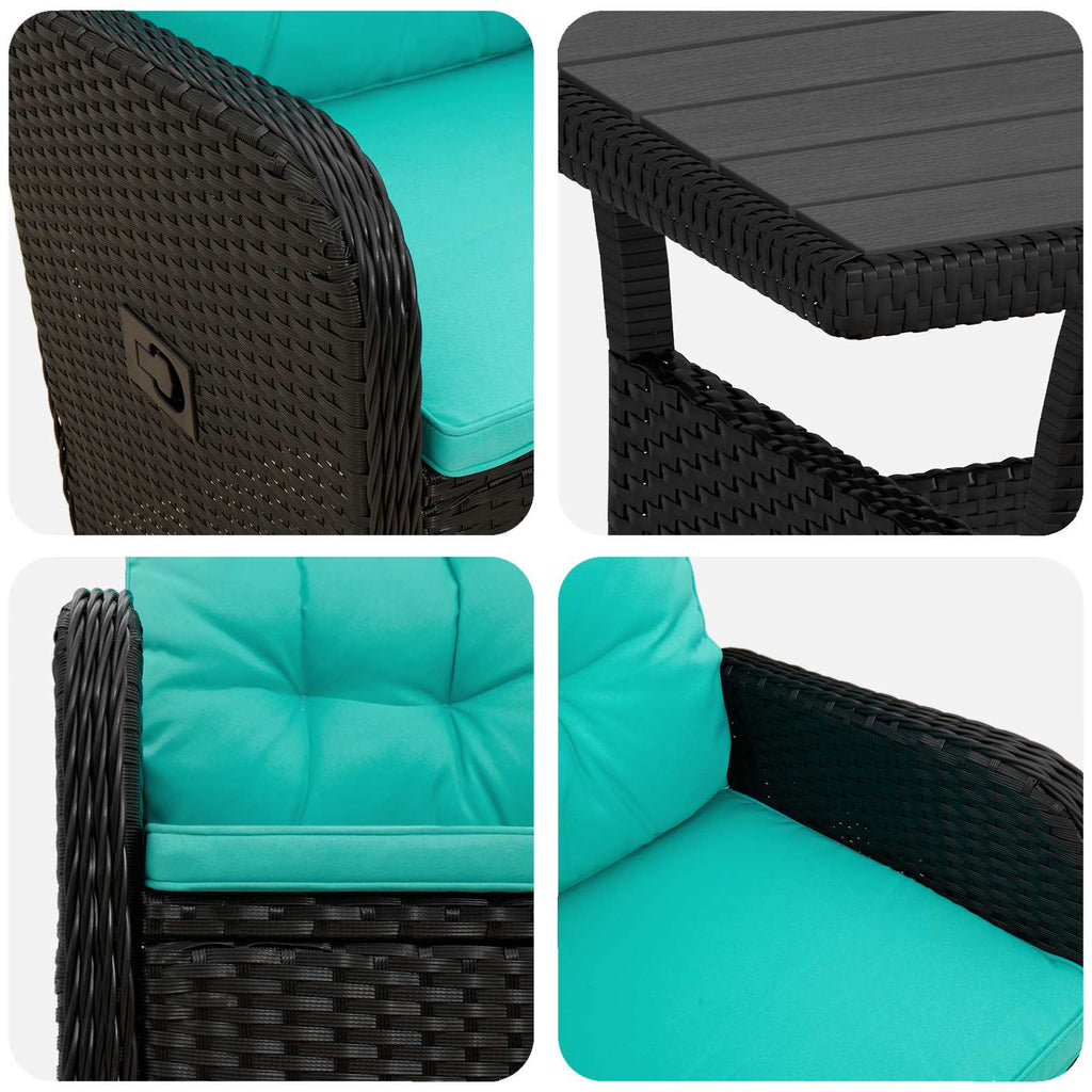 Outdoortisch-Set 3 pcs Schwarz und Türkis Poly-Rattan