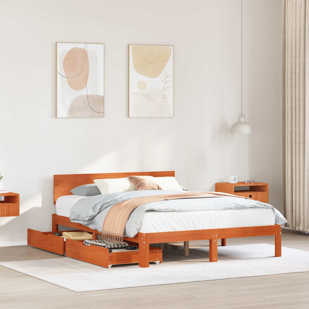 Bettrahmen mit Kopfteil 3 pcs Wachsbraun Massivholz Kiefer