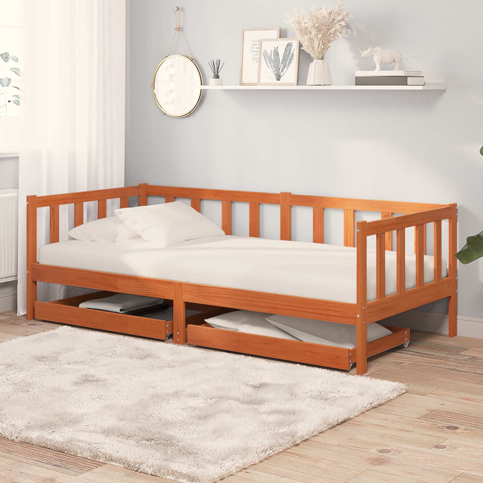 Tag-Bett mit Kopfteil 3 pcs Wachsbraun Massivholz Kiefer