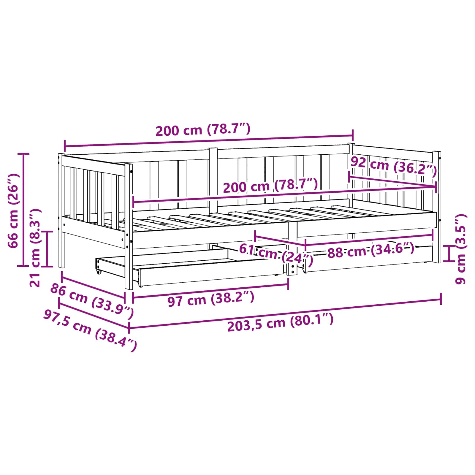 Tag-Bett mit Kopfteil 3 pcs Wachsbraun Massivholz Kiefer