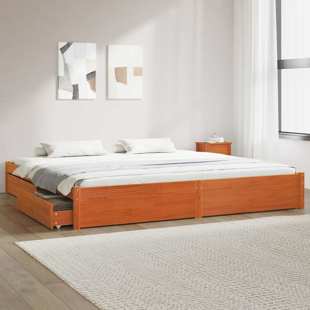 Bettrahmen Mit Rad Wachsbraun 200 x 200 cm Massivholz Kiefer