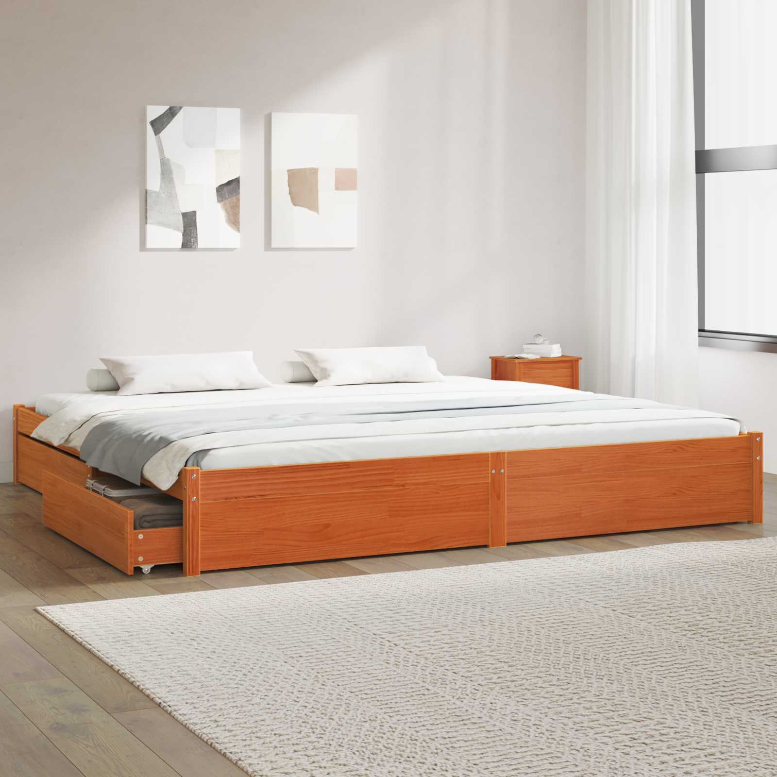 Bettrahmen Mit Rad Wachsbraun 200 x 200 cm Massivholz Kiefer