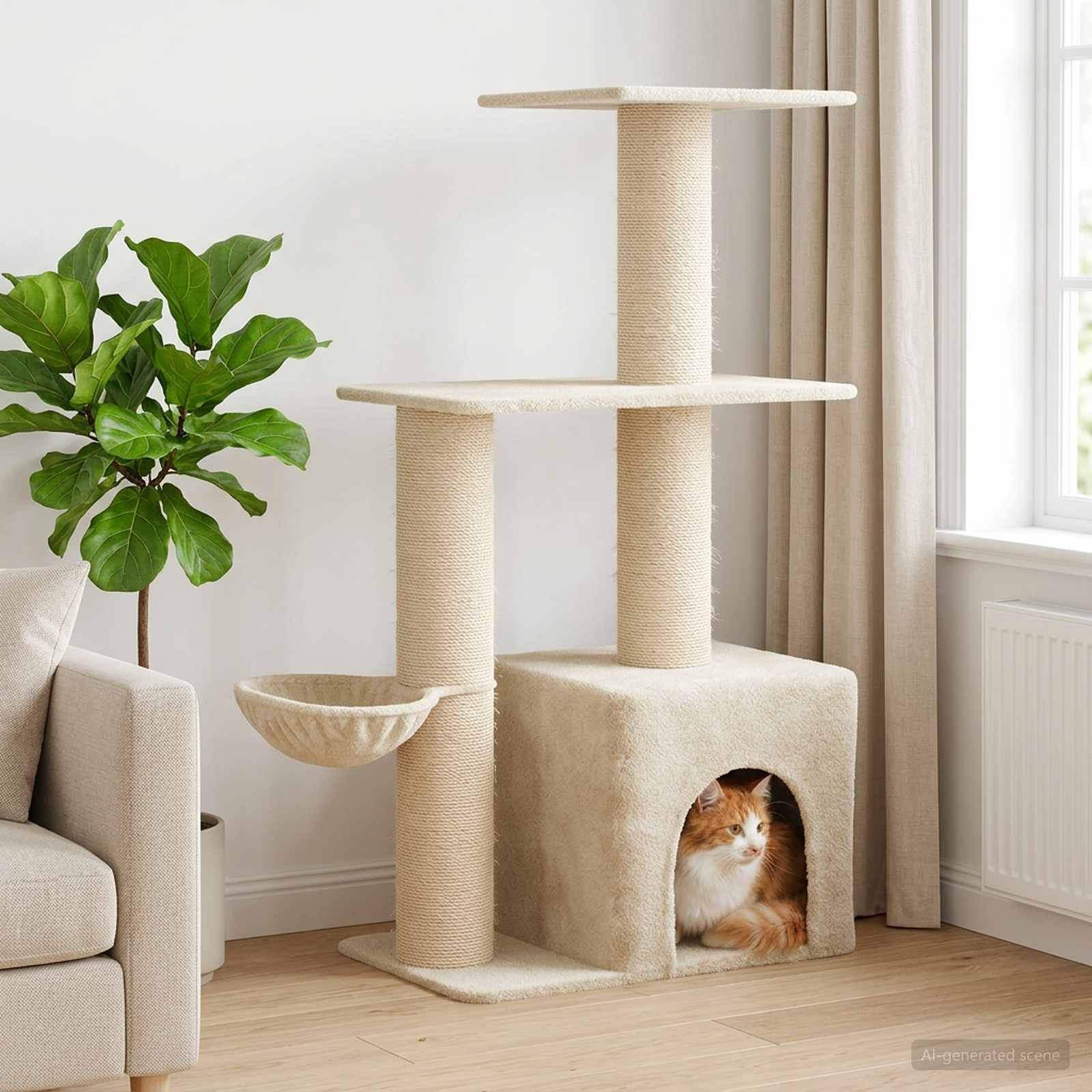 Katzennbaum mit Sisal-Kratzsäulen Creme 133 cm