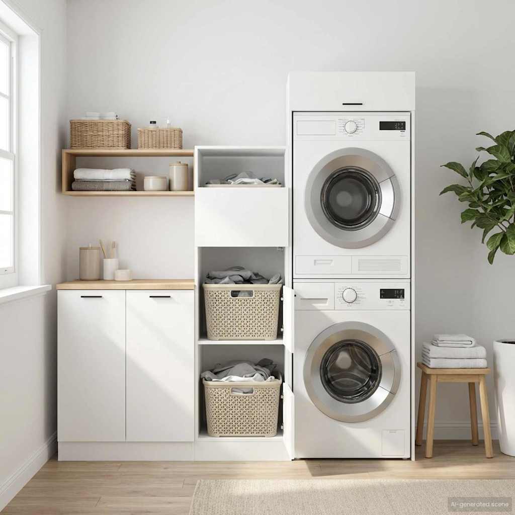 Wäscheschrank Set mit Speicher 2 pcs Weiß Holzwerkstoff