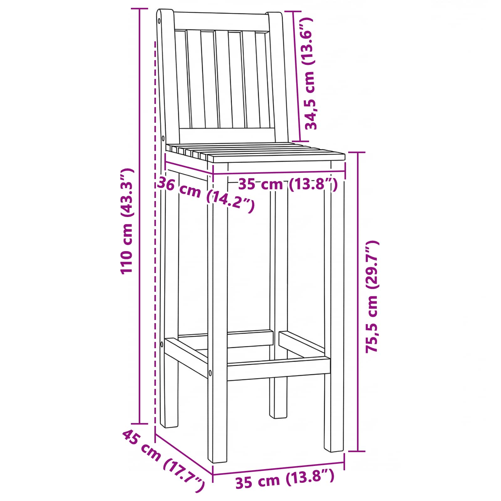 Barhocker 2 pcs Natur 35 x 45 x 110 cm Massivholz Teak