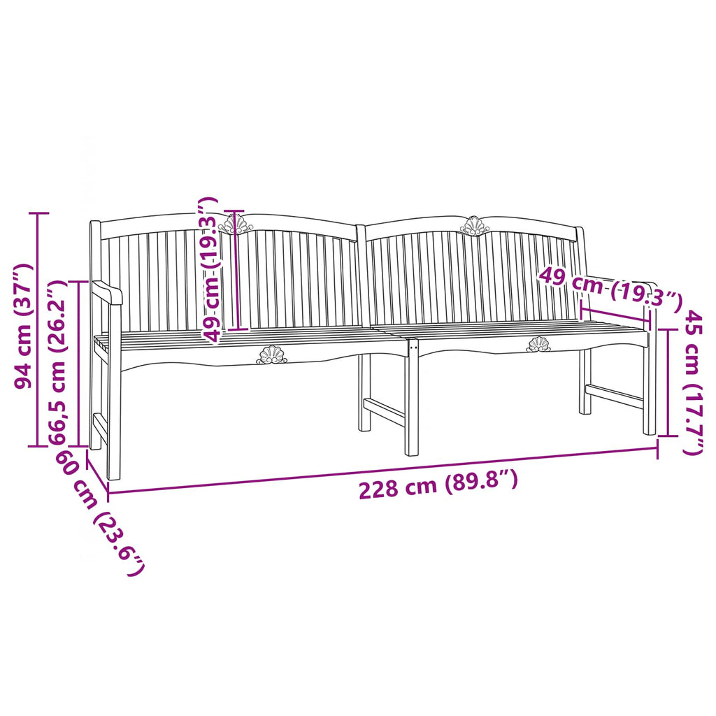 Handgefertigte Rosenbank Natur 228 x 61 x 94,5 cm