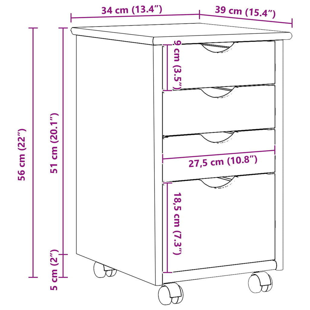 Rollschrank Mit Rad Braun 34 x 39 x 56 cm Massives Kiefernholz