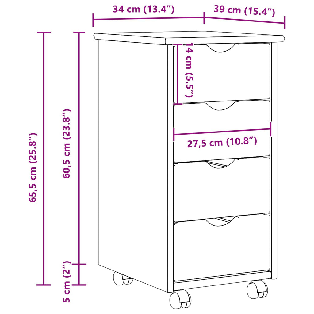 Rollschrank Mit Rad Braun 65,5 x 34 x 39 cm Massivholz Kiefer