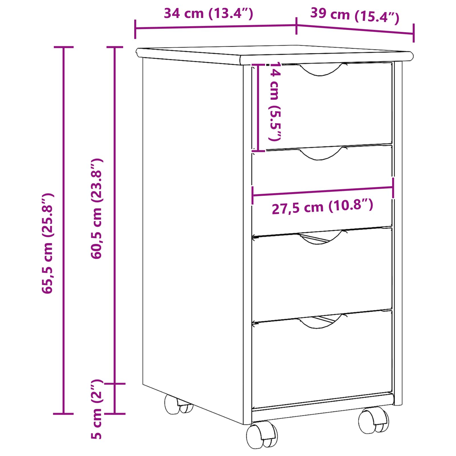Rollschrank Mit Rad Braun 65,5 x 34 x 39 cm Massivholz Kiefer