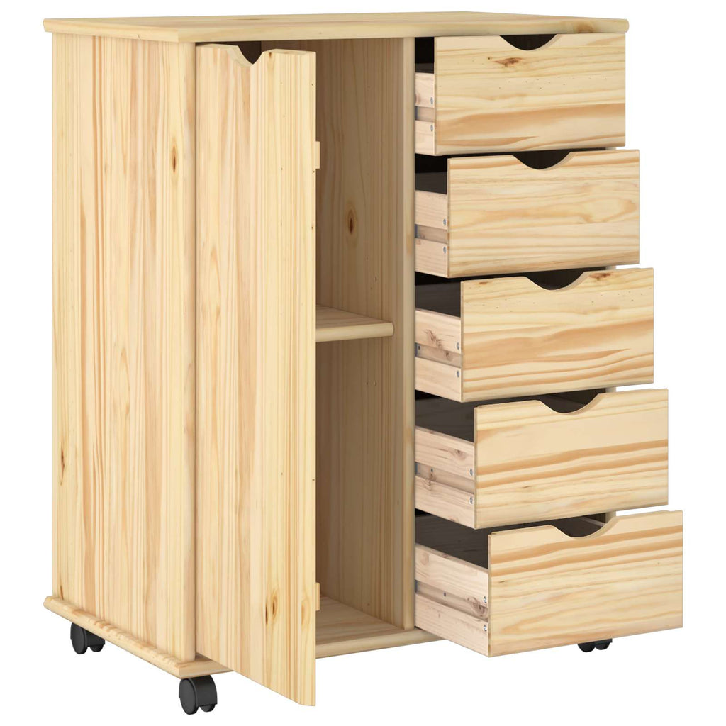 Rollschrank Mit Rad Braun 63,5 x 39 x 79 cm Massivholz Kiefer