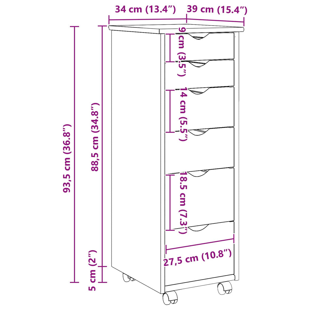 Rollschrank Mit Rad Braun 34 x 39 x 93,5 cm Massivholz Kiefer