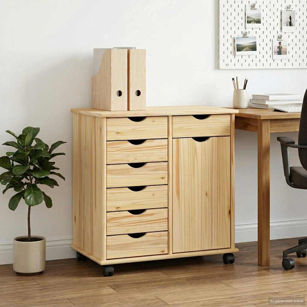 Rollschrank Mit Rad Braun 63,5 x 39 x 65,5 cm Massivholz Kiefer