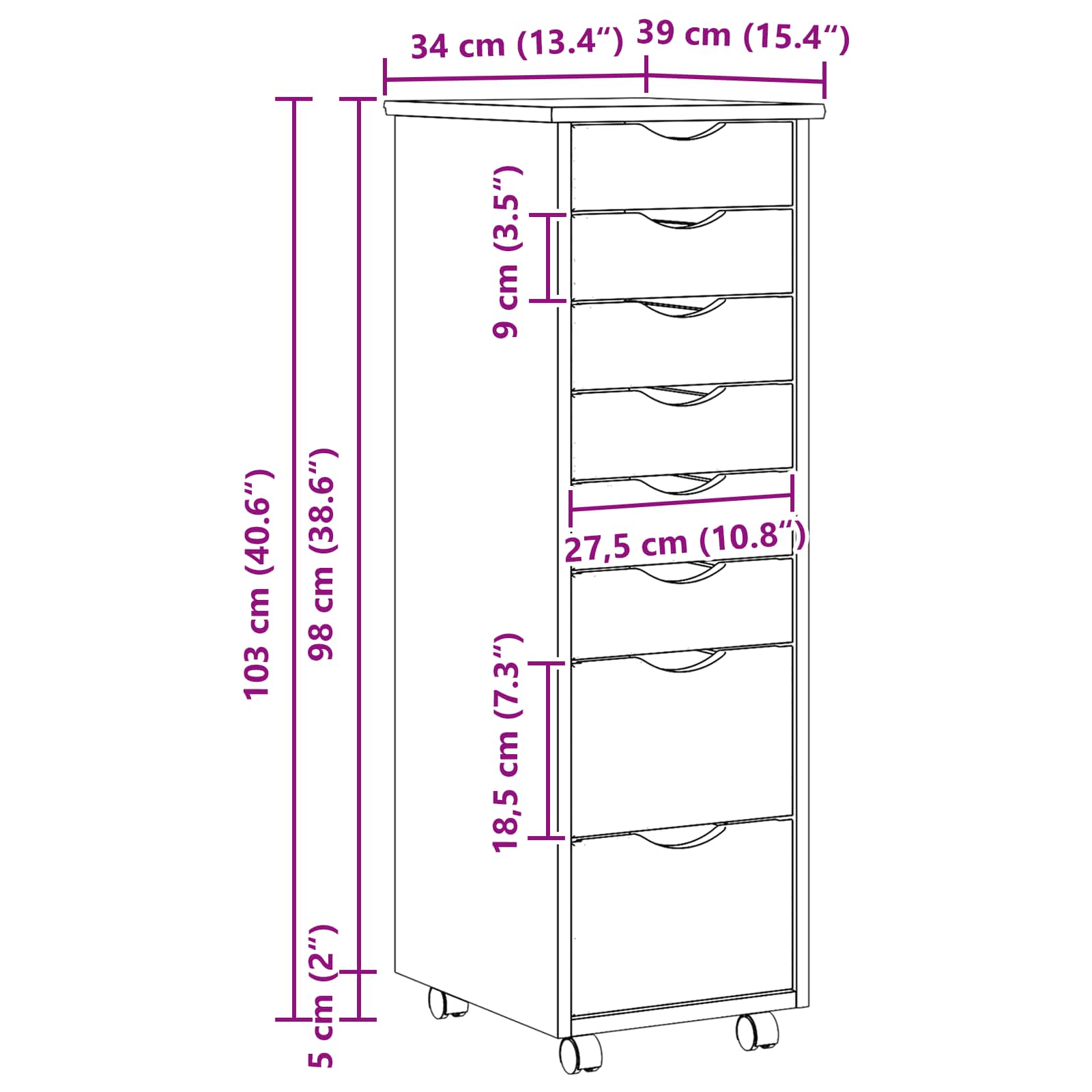 Rollcontainer mit Schubladen MOSS Klarlack 34 x 39 x 103 cm