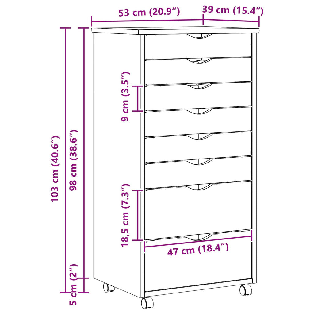 Rollcontainer mit Schubladen MOSS Klarlack 53 x 39 x 103 cm