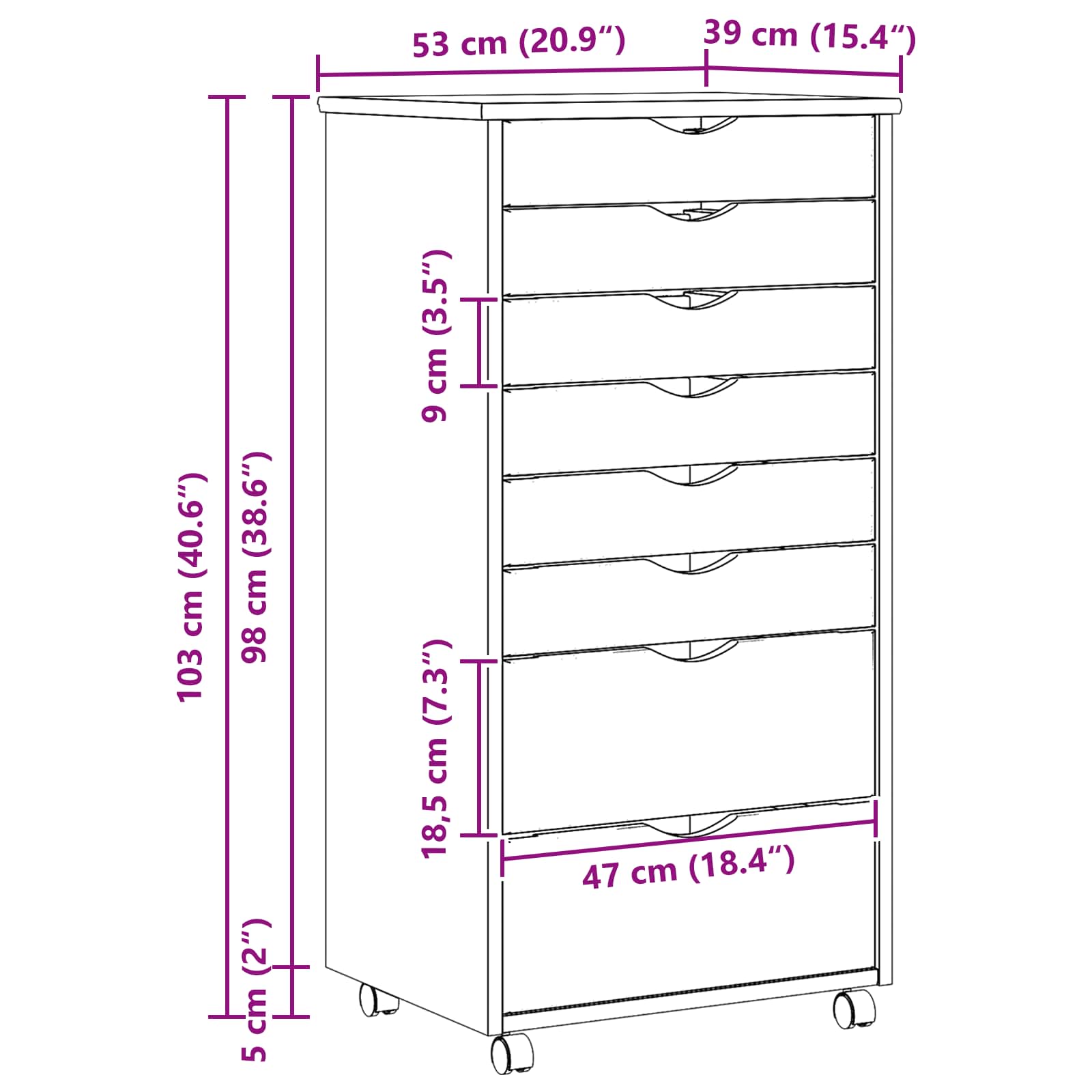 Rollcontainer mit Schubladen MOSS Klarlack 53 x 39 x 103 cm