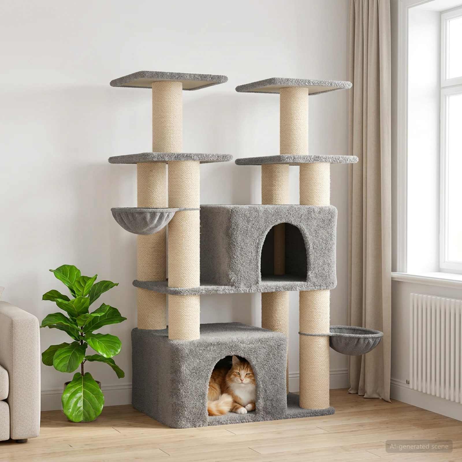 Katzennbaum mit Sisal-Kratzsäulen 2 Stk. Hellgrau 147 cm