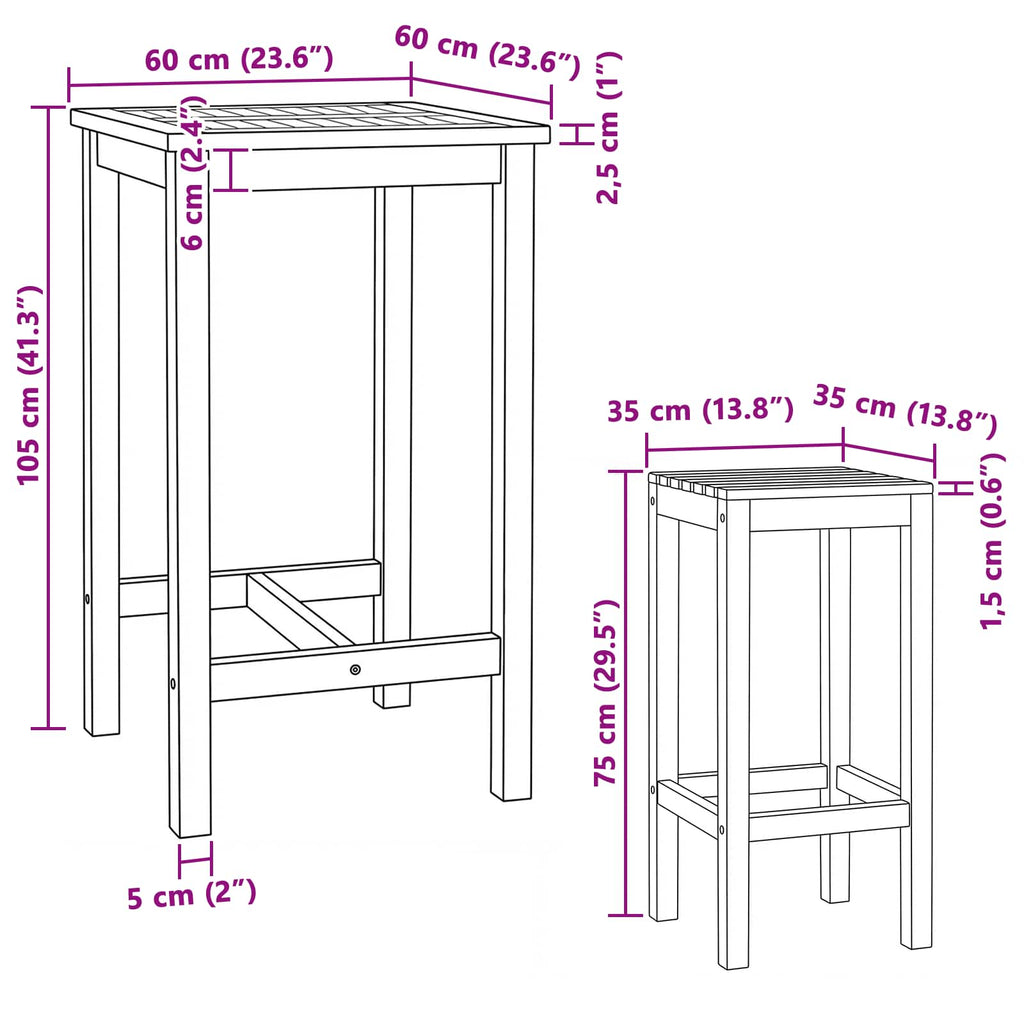 Outdoor Bar Set 3 pcs Unbehandelt Massivholz Teak