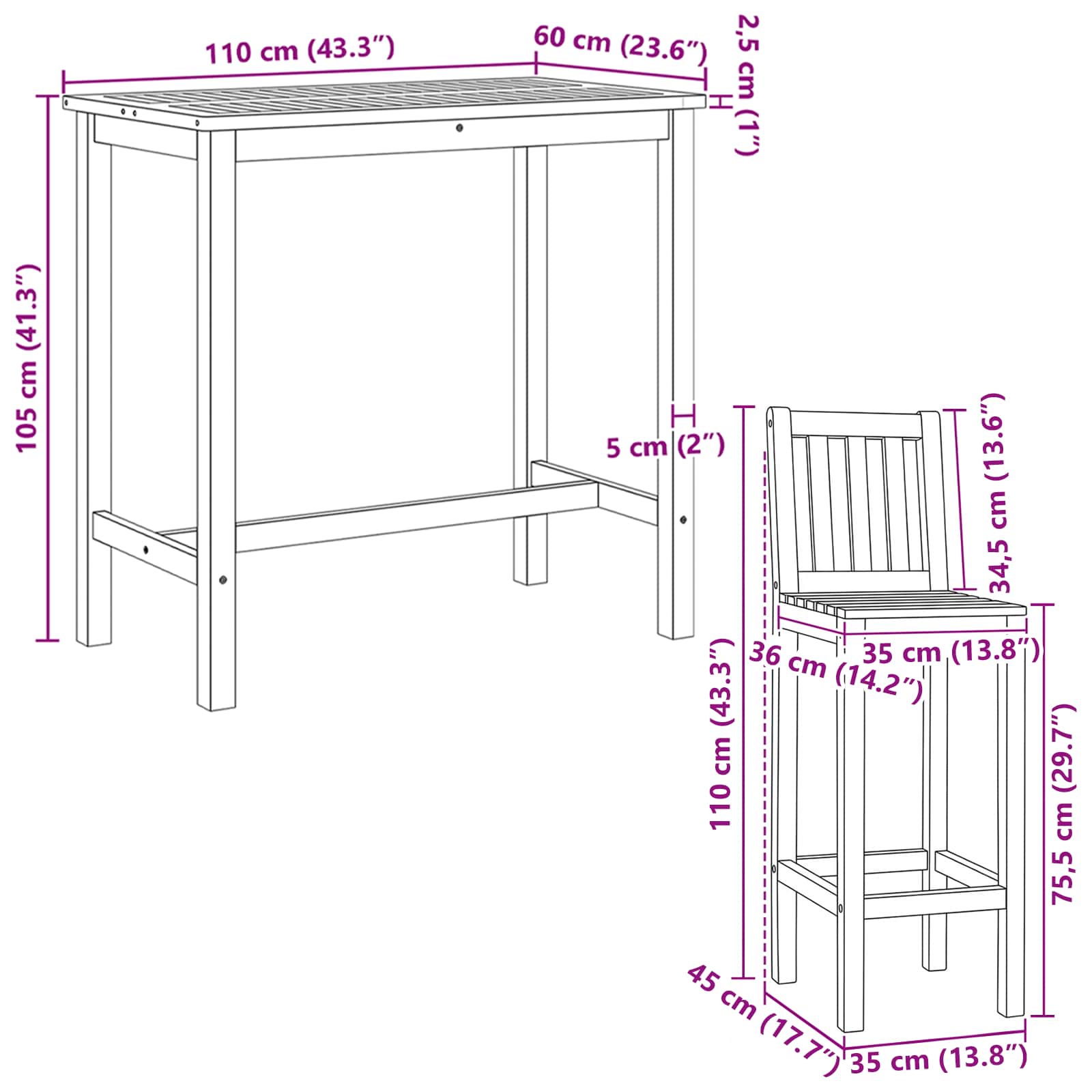 Outdoor Bar Set 5 pcs Unbehandelt Massivholz Teak