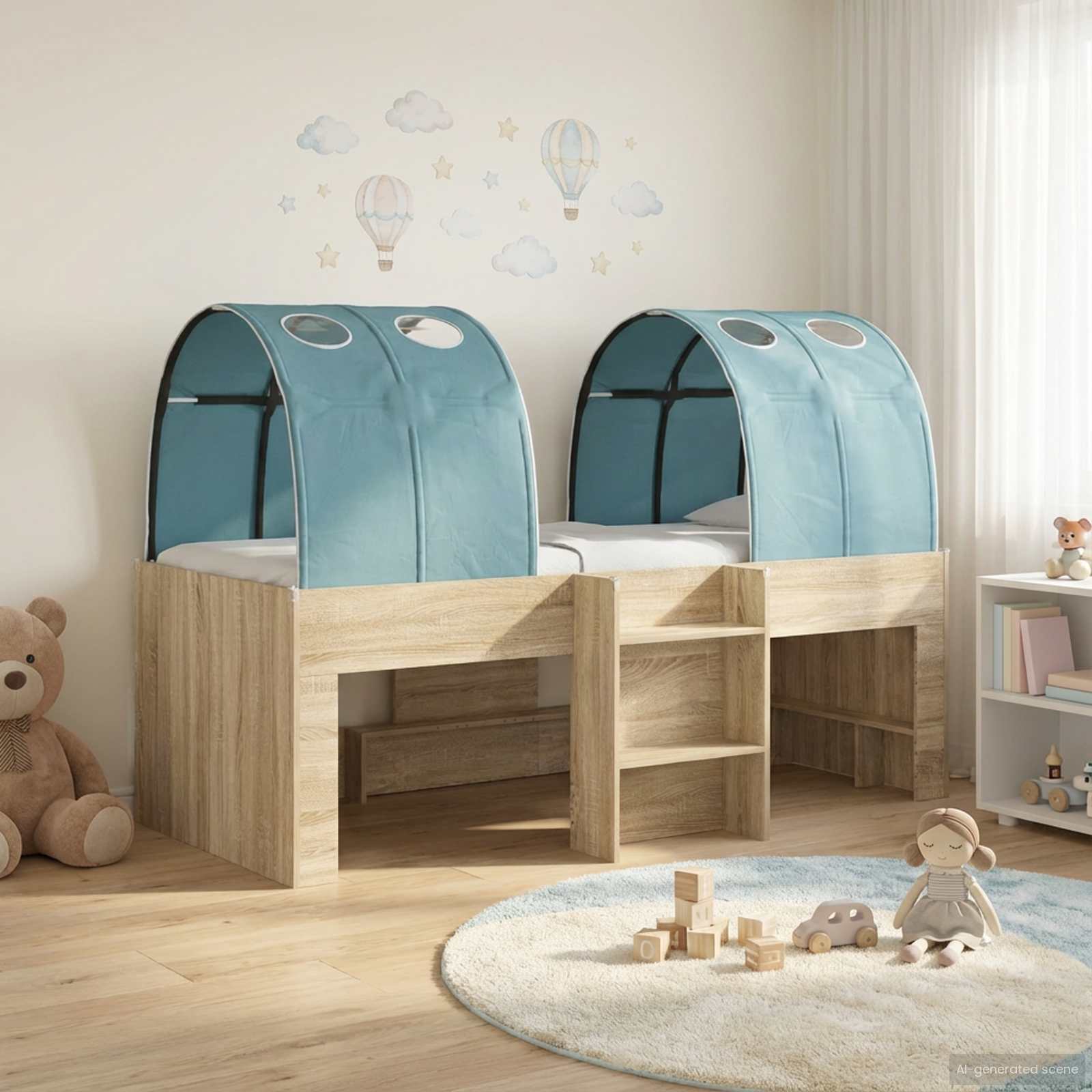 Hochbett für Kinder mit Tunnel Sonoma Eiche und Hellblau