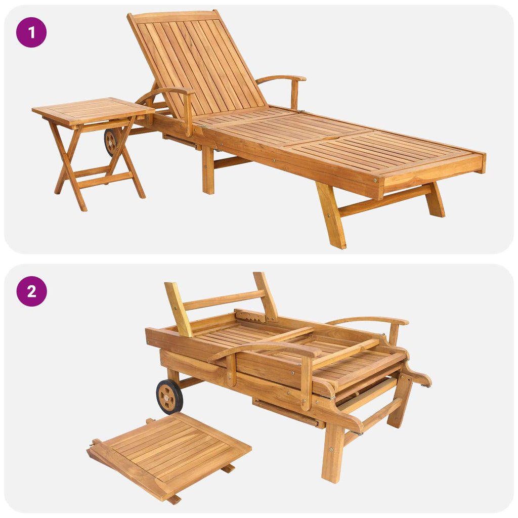 Sonnenliege mit Tisch Massivholz Teak Braun