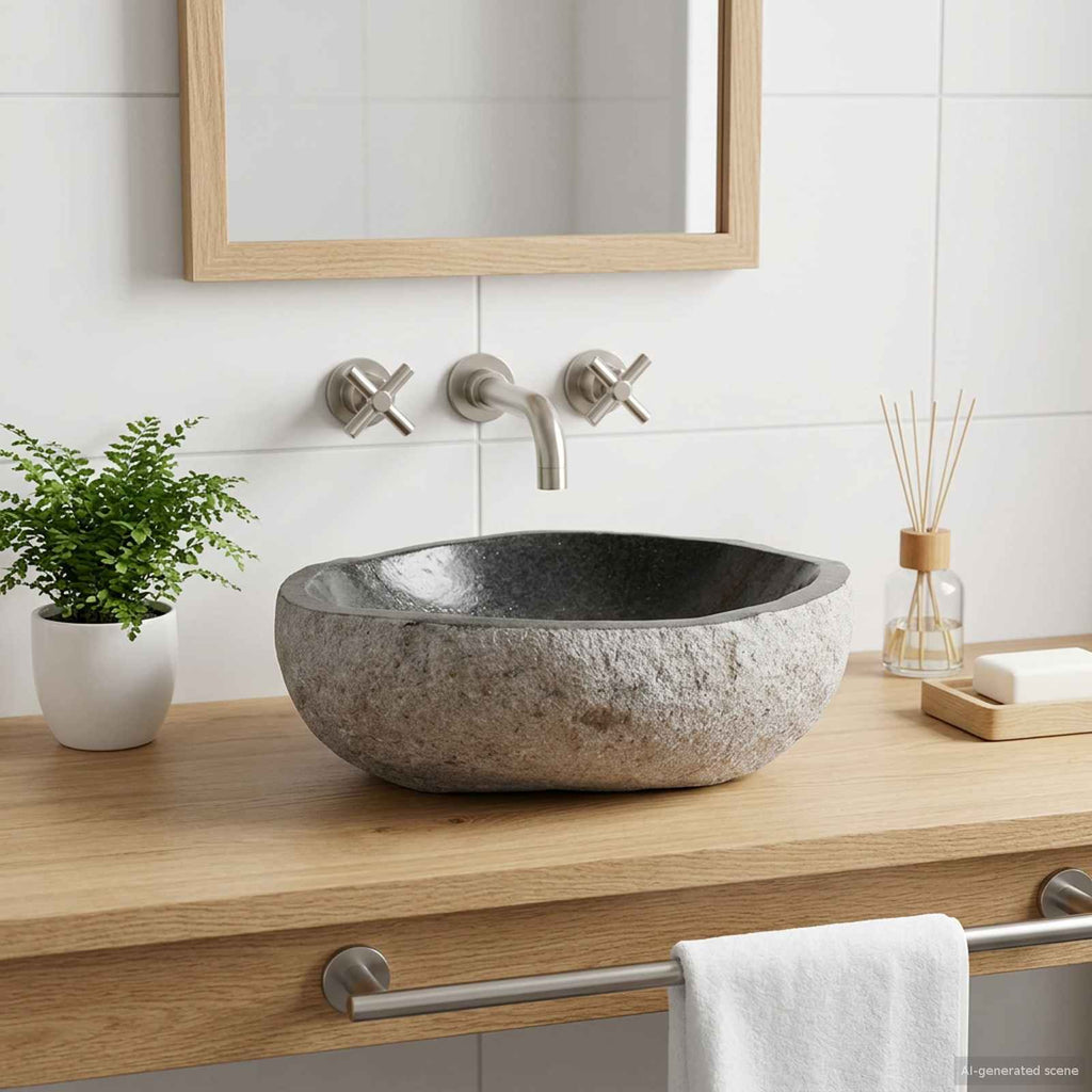 Waschbecken Oval Grau (32-37) x (27-30) x 12 cm Flussstein