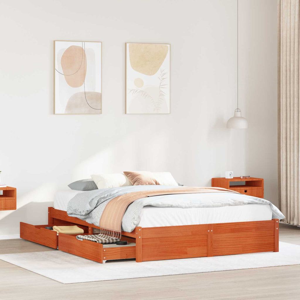 Bettrahmen mit Schubladen Wachsbraun Massivholz Kiefer