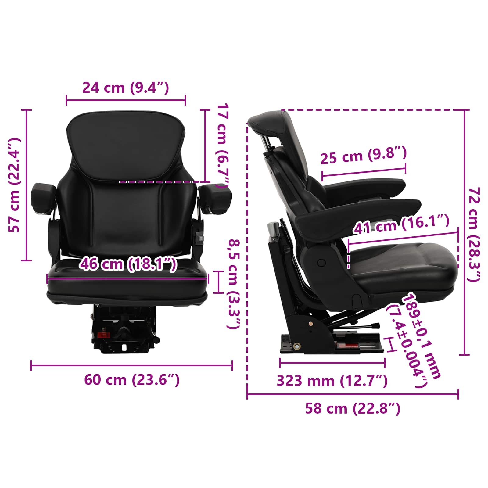 Traktorsitz mit Federung Schwarz 60 x 58 x 72 cm Stahl und PVC