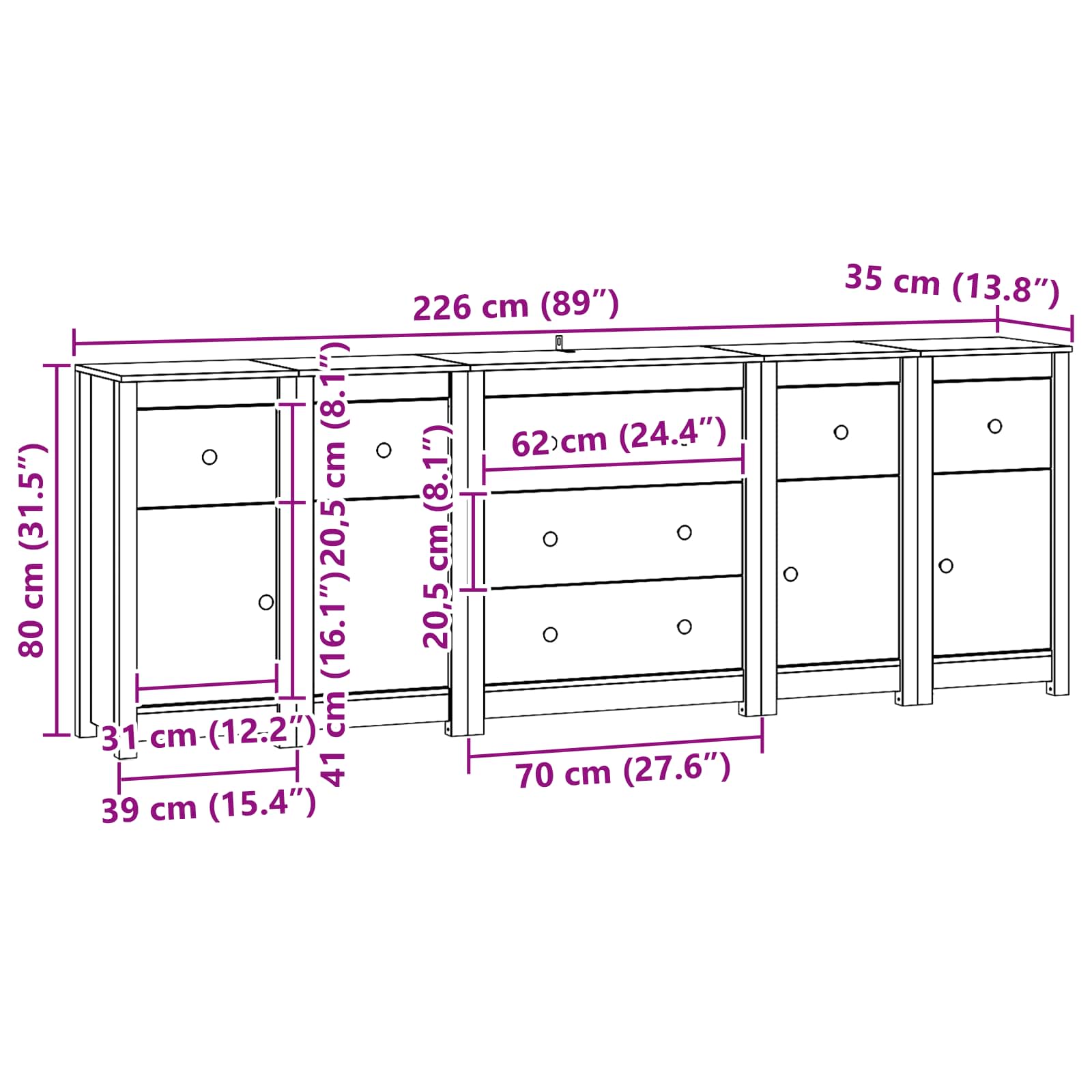 Sideboard mit Schubladen 5 pcs Wachsbraun Massives Kiefernholz